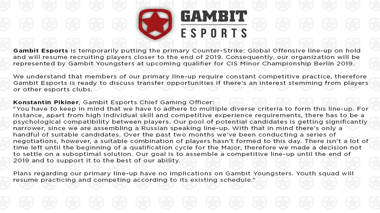 Gambit 宣佈暫停主隊任何活動 並接受任何主隊選手轉會報價