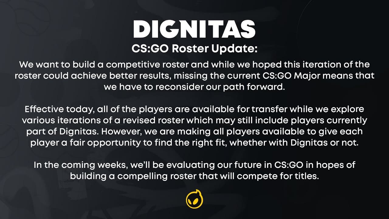 Dignitas解散陣容 停止CSGO分隊營運